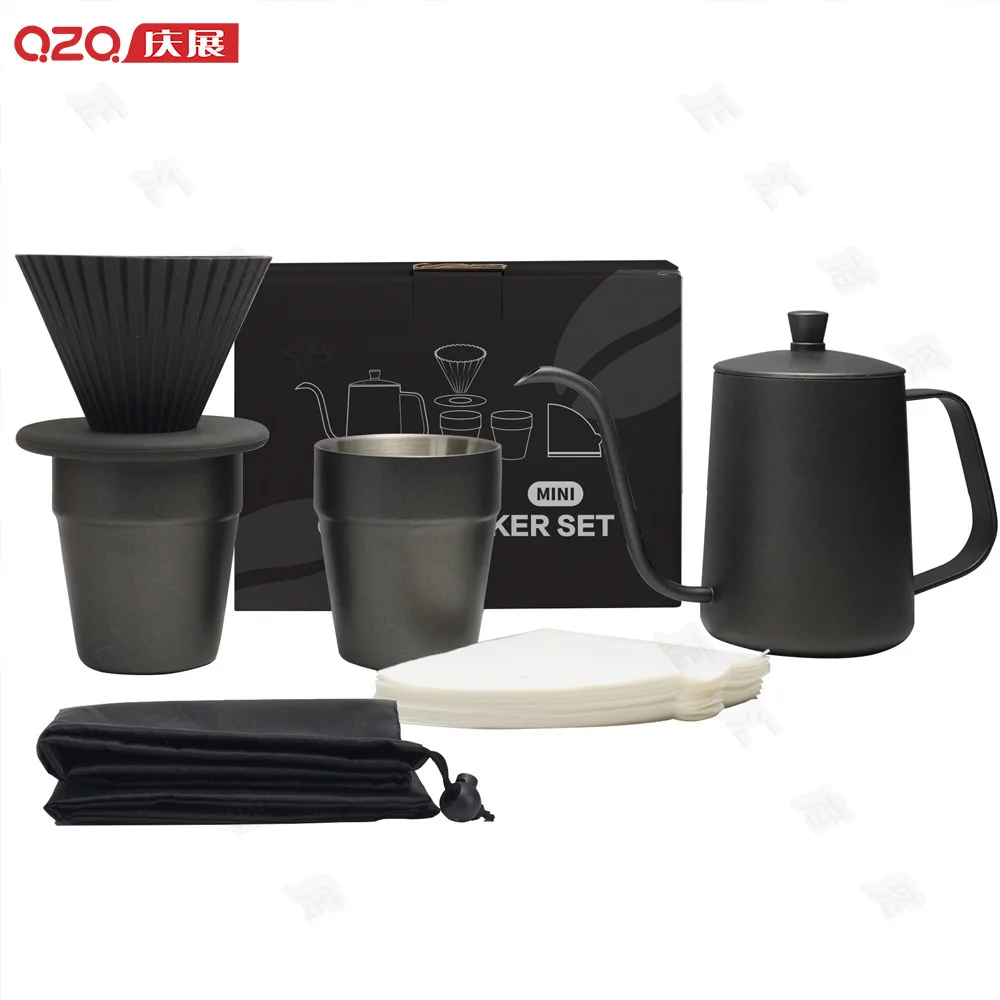 Black Hand-brewed Coffee Pot Set, Long-mouth Ear-hanging Milk Teapot, Household Drip-filter Coffee Hand-brewed Pot Set.