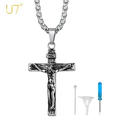U7 Stainless Steel Crucifix Cross Urn Necklaces for Ashes of Love Ones Waterproof Urn Pendant Funeral Cremation Jewelry Gift
