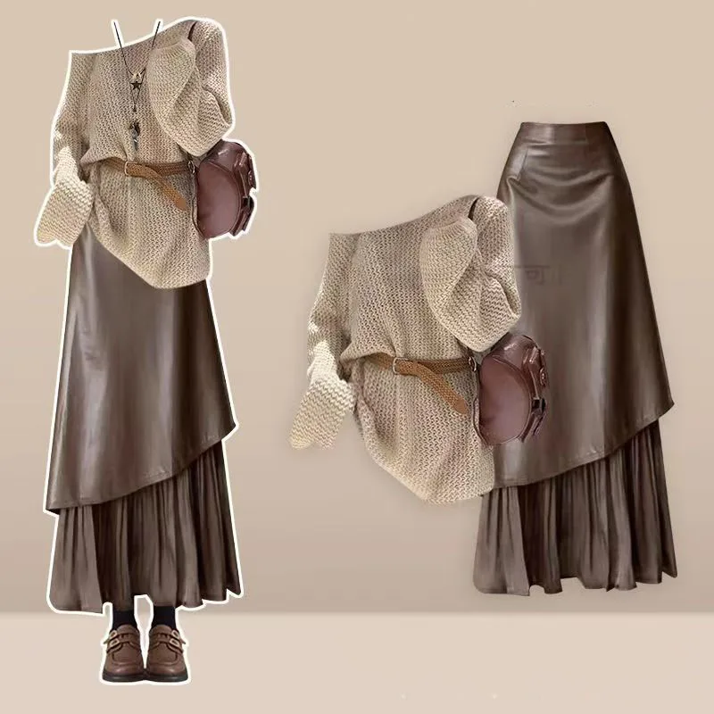 Lazy Retro Knitted Top Paired with Leather High Waisted Skirt Two-piece Set for Autumn and Winter 2025 Baddie 2 Piece Set