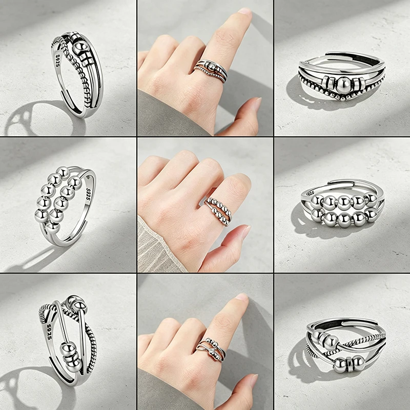 Fidget Anxiety Metal Round Beads Spinner Ring Anti Stress Finger Jewelry Ladies Trendy Rotate Rings Gifts Relax Accessories
