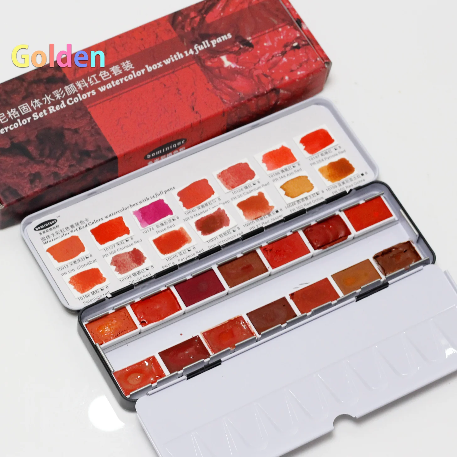 Dominique 14-Color Solid Handmade Watercolor Paint Set in Red Box - Natural and Synthetic Colors,Vivid,High Solubility Full Pans