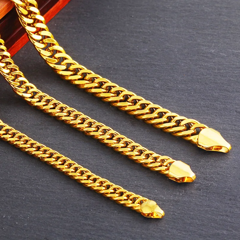 Not Fade Pure Gold Color 6mm/8mm/10mm Wide Men\'s Necklace 60cm Long 24k GP Heavy Hip Hop /Rock Fashion Jewelry Chain for Men