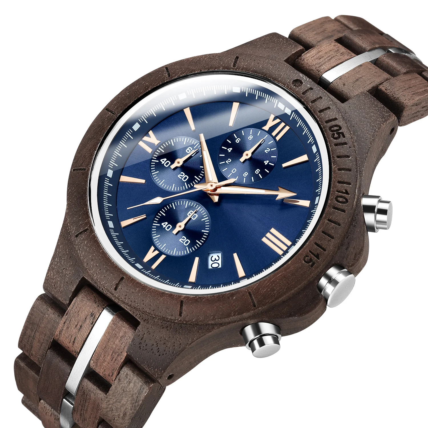 Men's Wooden Bangle Chronograph Quartz Watch Vintage Round Dial Calendar Date Folding Clasp Natural Retro Timepiece