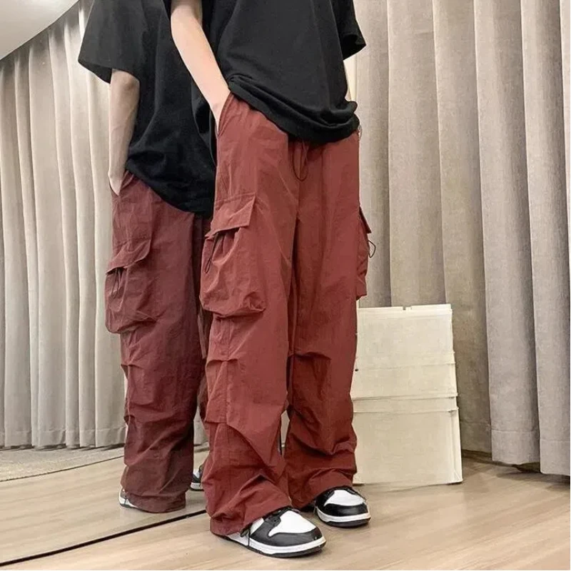 

Preppy Style Spring Autumn Trousers Cargo Wide Leg Solid Color Elastic High Waisted Pockets Men's Clothing Moto Biker Pants
