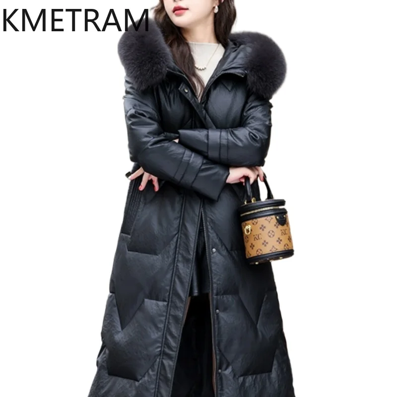 KMETRAM-abrigos de piel auténtica para mujer, chaqueta de plumón de oveja, 90% plumón de pato blanco, cuello de piel de zorro, ajustado, Invierno