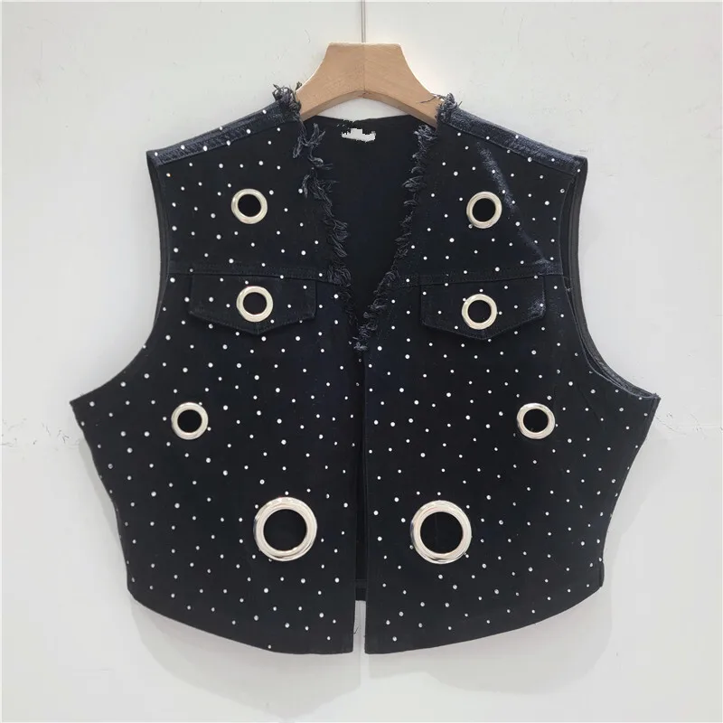 HKSH Autumn New Women's Streetwear Stylish Metal Ring Hollow Out Short Waistcoat Studded Diamonds Straight Wide Leg Pants HK8456