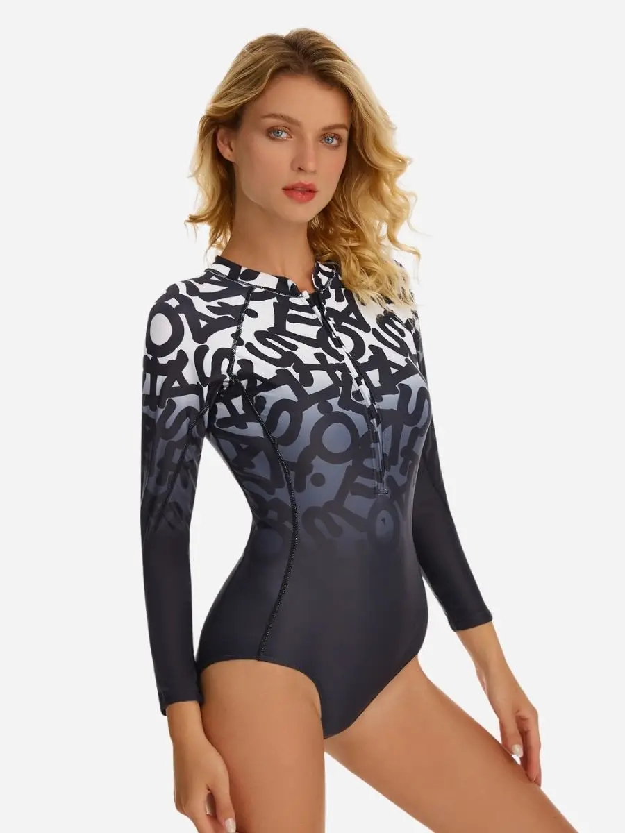 

Daisy Print Swimsuit Long Sleeve Half Zip Bathing Suit UPF50+ Rash Guard Sports Surfing One-piece Swimming