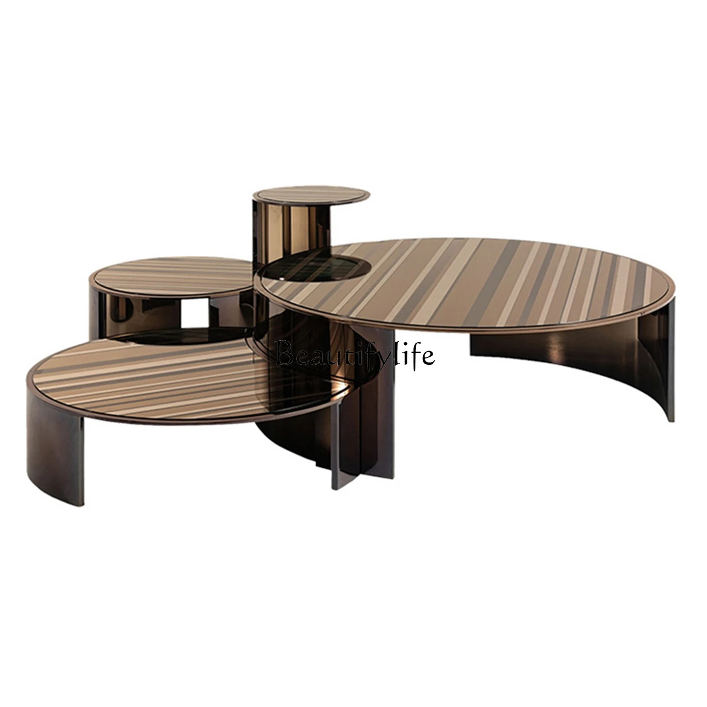 

Light Luxury Stainless Steel Coffee Table Set Creative Tempered Glass Side Table Living Room Design Round Tea Table