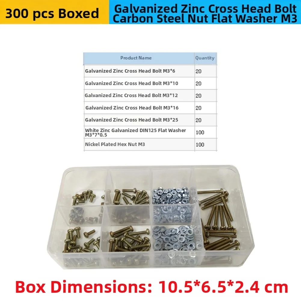 

Набор из 300 болтов с крестообразным шлицем и полукруглой головкой M3 с гайками и шайбами из углеродистой стали для промышленного применения