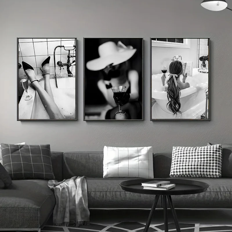 Black and White Girls Bathroom Decor Woman in Bathtub Print Poster Canvas Painting Wall Art for Toilet Fashion Home Decoration