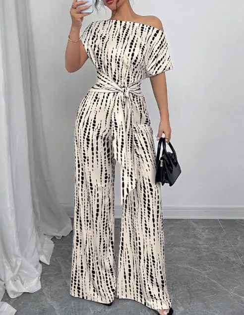 

Jumpsuit Women 2025 Summer New Fashion Striped Slanted Collar Short Sleeve Casual High Waist Lace Up Daily Wide Leg Jumpsuit