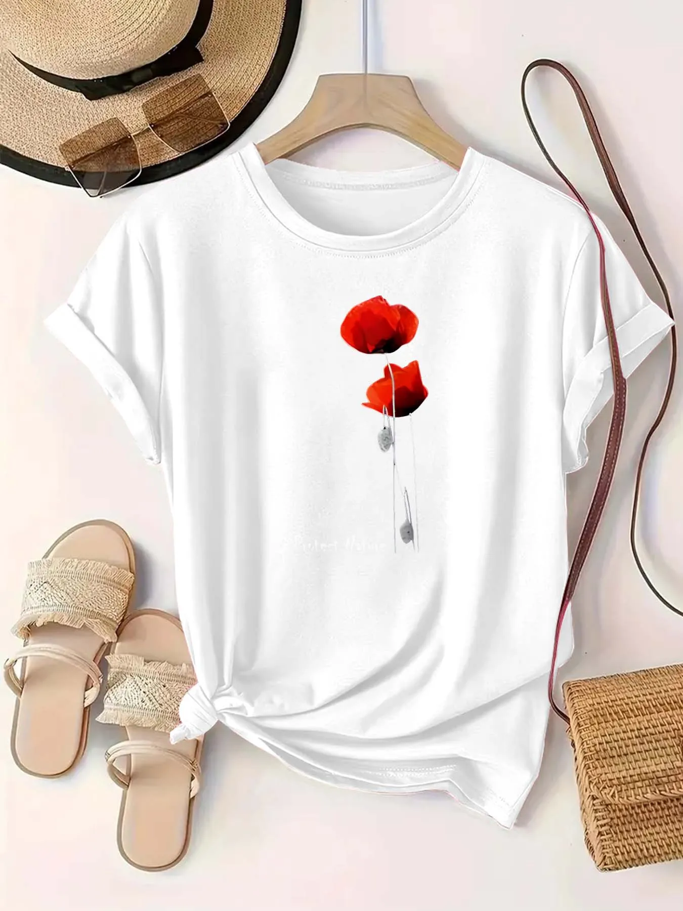 Plus Size Red Round Neck T - Shirt with Poppy themed Print and 'Protect Nature' Slogan: Vivid - eco friendly and Nature inspired