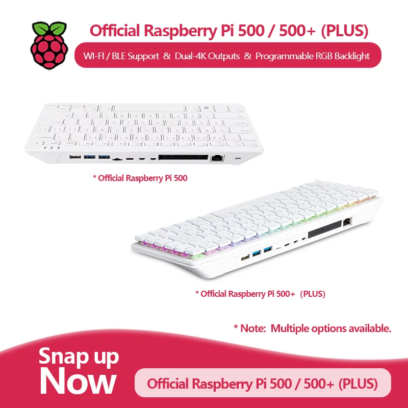 Original Raspberry Pi 500 / 500+, with Dual 4K Outputs, Wi-Fi/Bluetooth Support, Programmable RGB Backlight