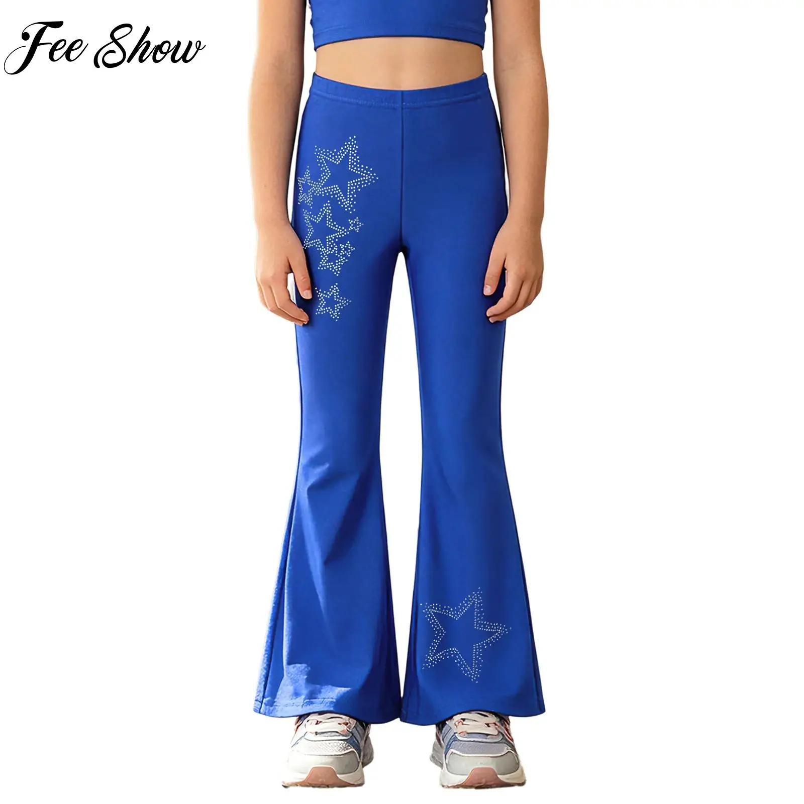

Kids Girls Sparkly Rhinestone Star Figure Skating Pants, Elastic High Waist Flared Trousers Ice Skating Performance Competition