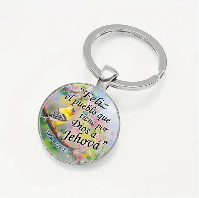 Scripture keychain, Spanish quote Salmo 144:15- alloy circular inspired keychain, designed with flowers and animals, perfect for