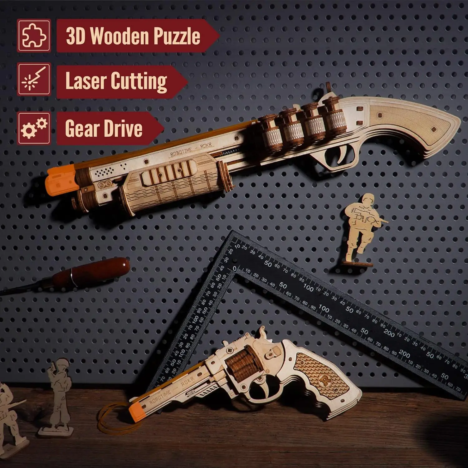 Robotime 3D Wooden Puzzle Rubber Band Guns Toy Shotgun Model Building Kits Cool Toys Hobbies for Men Women