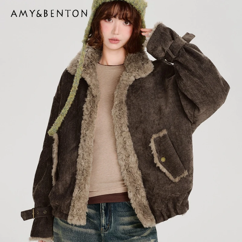 

American Retro Design Coffee Color Fleece-Lined Thick Women's Coat 2025 Winter New Loose Slimming Versatile Warm Coats Ladies