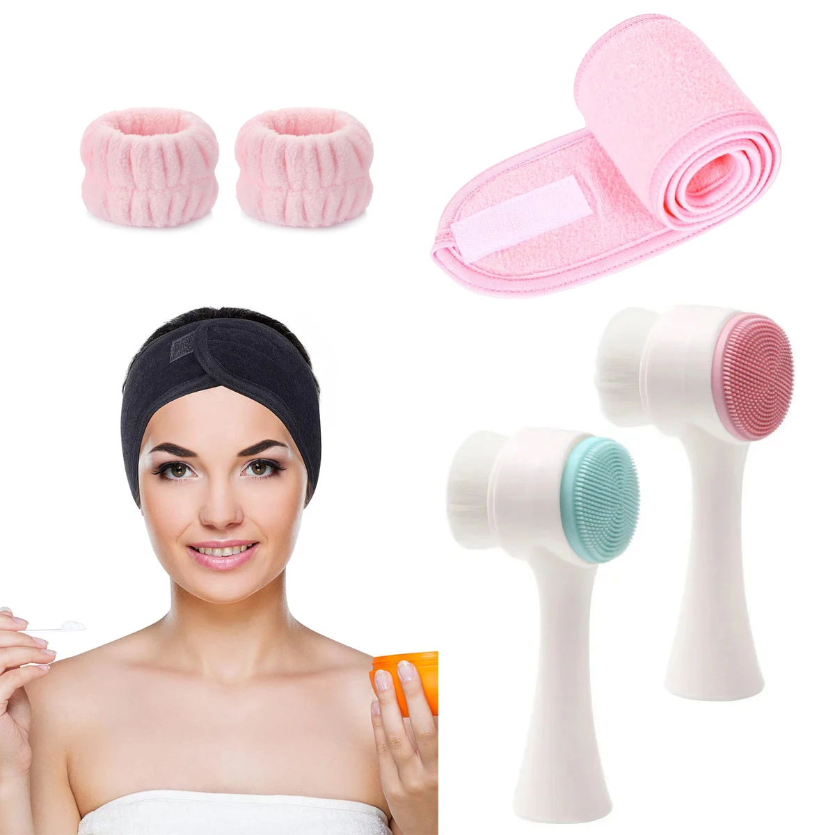 Juego de 5 piezas, herramientas de lavado facial, bufanda de terciopelo Coral, cepillo de silicona para lavado de cara, maquillaje deportivo