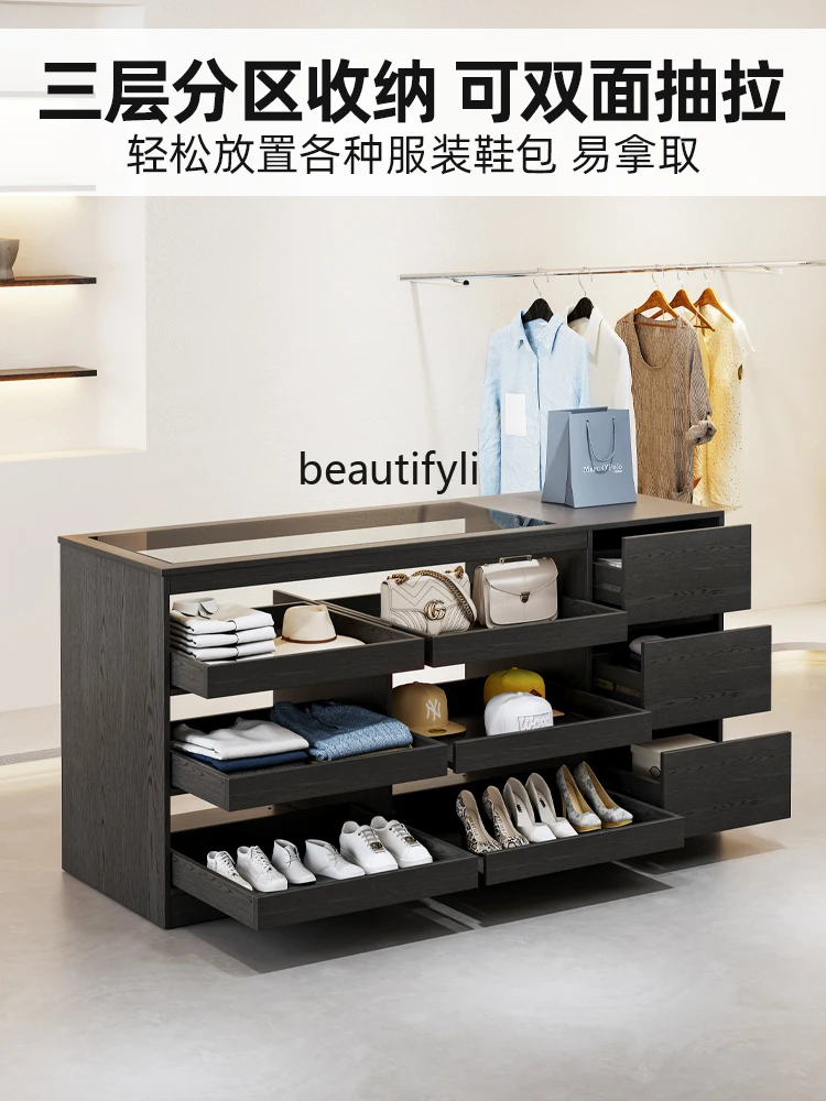 Solid wood clothing store flow table can be double-sided island table women's clothing store jewelry display cabinet