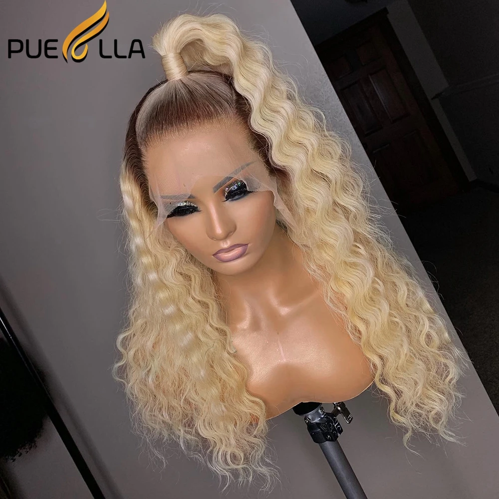 Ombre Honey Blonde Deep Wave 13x4 Human Hair HD Lace Front Wig Glueless Preplucked 30 Inches #4/613 Frontal Wigs For Women