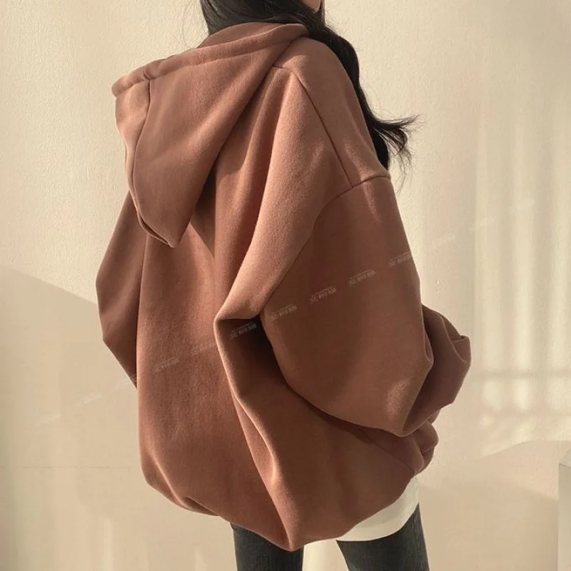 Korean Fashion Hoodie Oversize Women 2023 Solid Color Casual Coat Tops Hoodies for Women Hooded Sweatshirts with Zipper Female