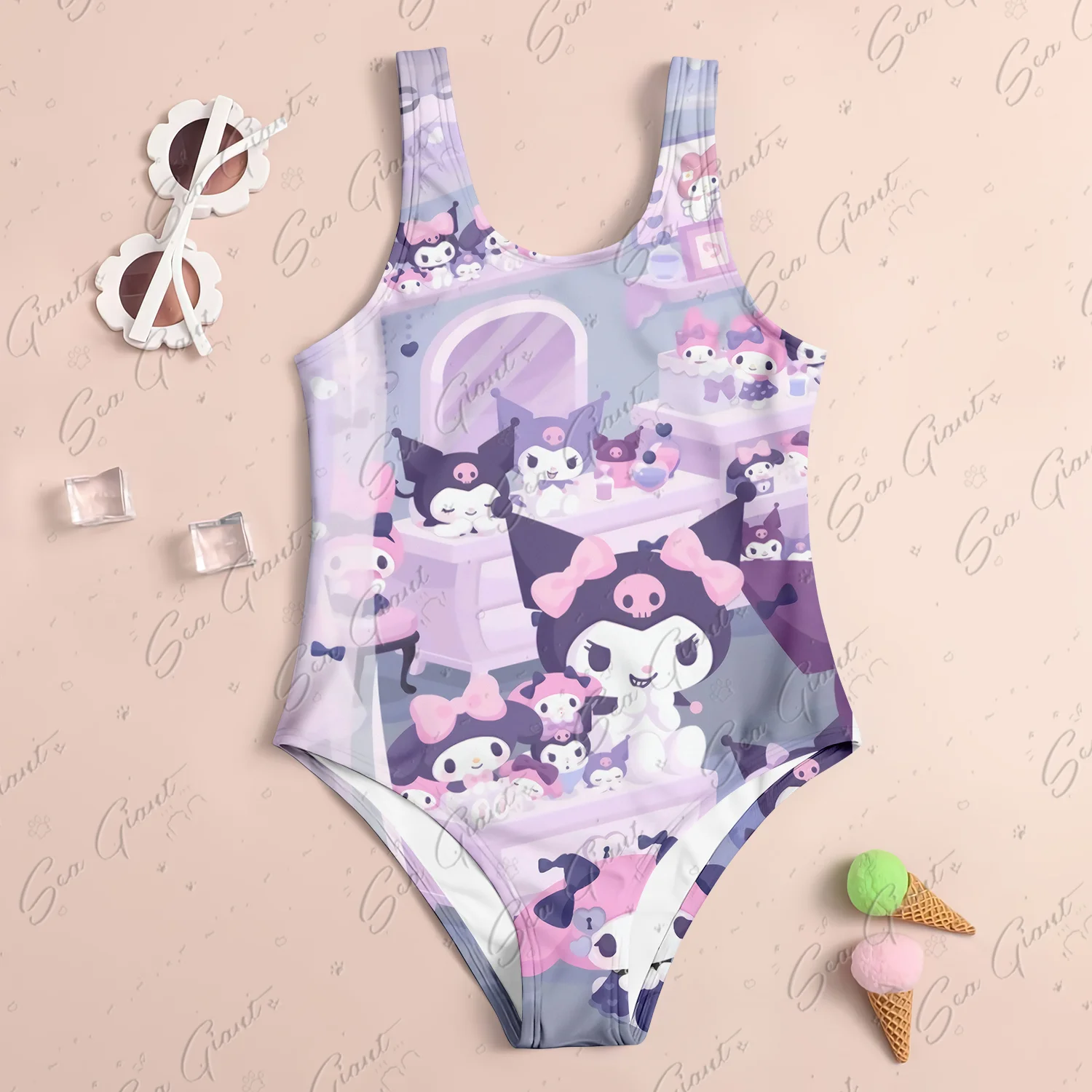 MINISO Cute Kuromi Print New Girl Summer One-Piece Swimsuit Fashion Cartoon Women Kids Swimwear Sleeveless Swim Clothing