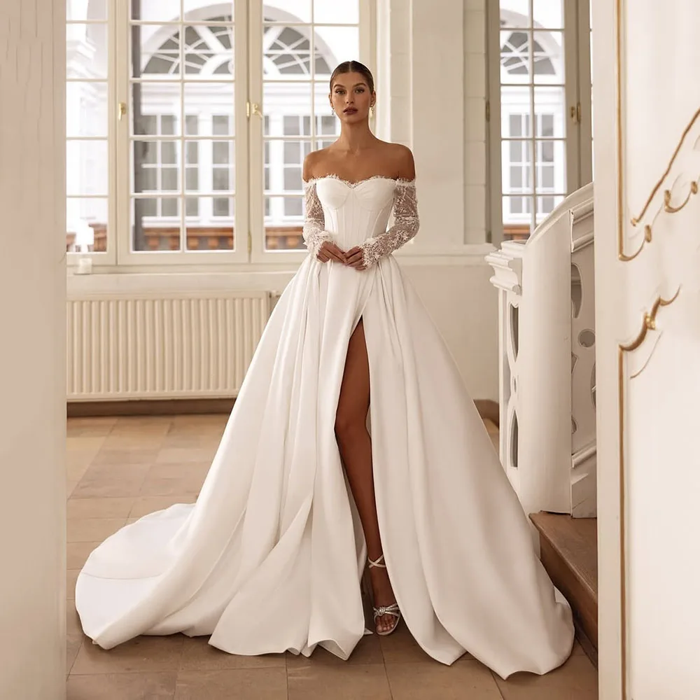 

Msikoods Modern Wedding Dresses 2025 Off Shoulder Customized Lace Long Sleeve Satin Brides Gown Sexy High Slit Bridal Dress