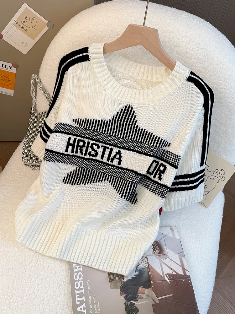 

Свободный крой ort Sve, круглый вязаный топ Ne, женский весенний 2021, базовый слой с вышитыми звездами и цветочным принтом, весна 2025 г.