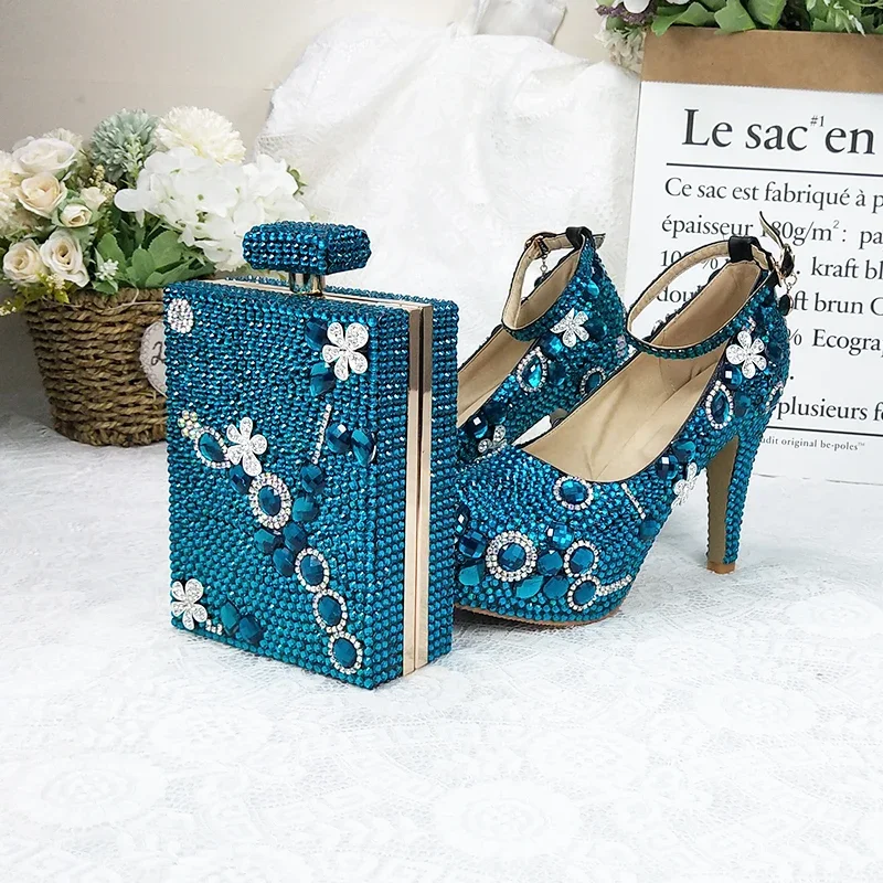 Novelty Luxury Bluish Green Crystal shoe and Bags set woman High heel Ladies Party shoes and purse Fashion Wedding shoes