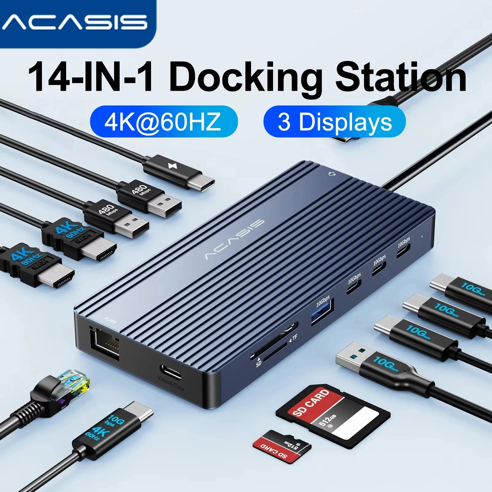 Acasis 10Gbps 14 in 1 USB-C Docking Station Type-C to 2 HDMI 1 USB-C/DP 4K/60H Video Output PD100W 85W Input 1000Mbps Ethernet