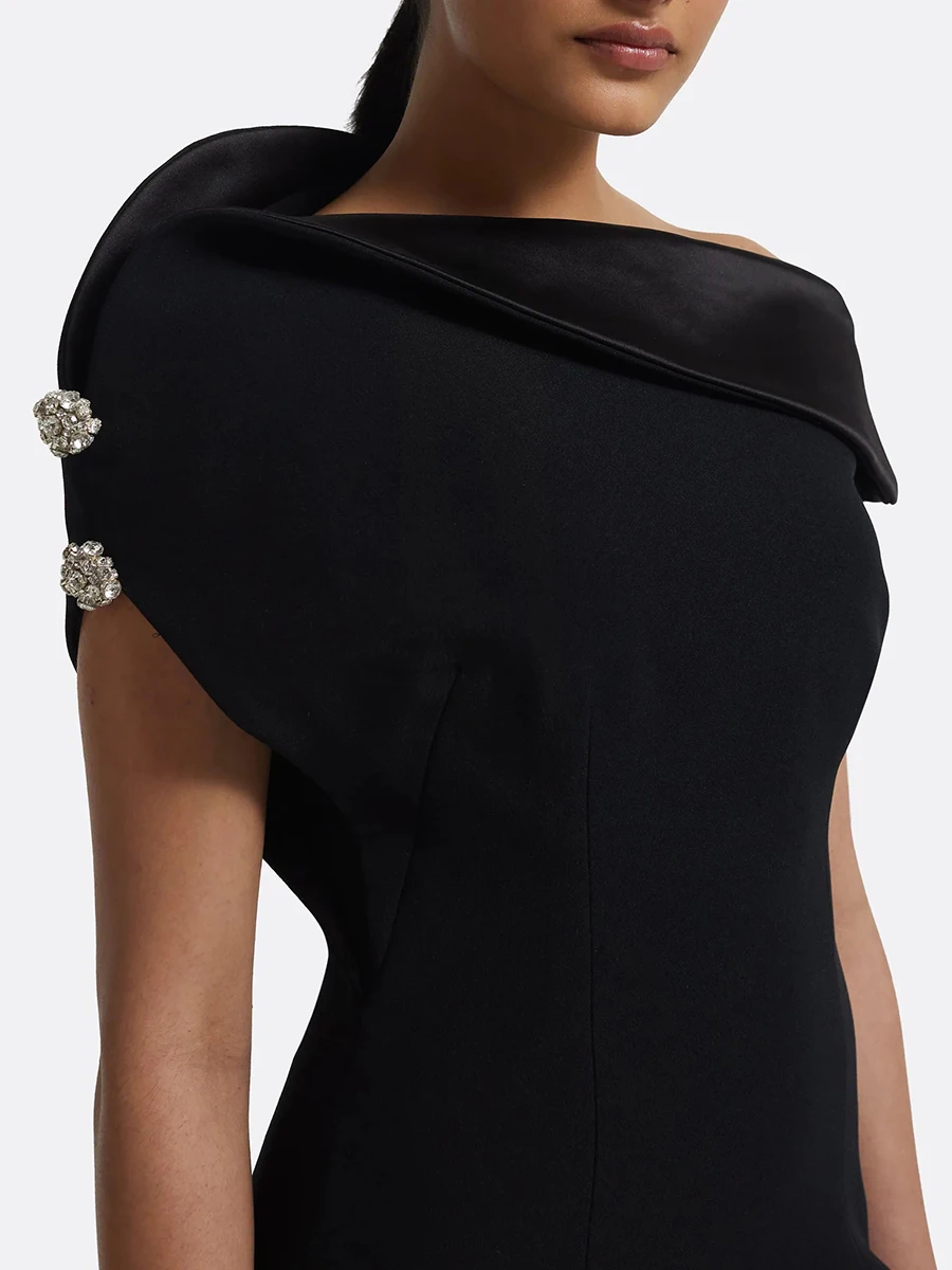 TWOTWINSTYLE Black Spliced Bead Temperament Long Dresses for Women Slash Neck Off Shoulder Elegant Dress Female Fashion Clothing
