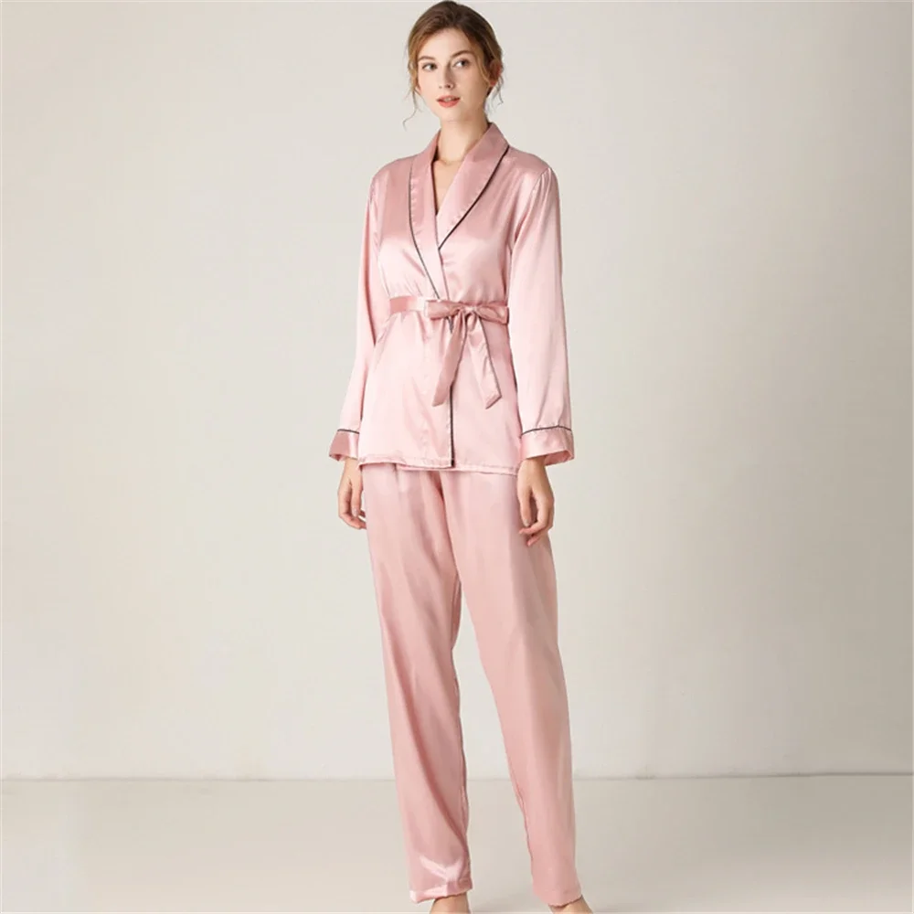 with Long Pants High-grade Womens Pajamas Set Solid Color Lace Two-piece Pjs Women Pajamas Set Women\'s Silk Long Sleeve Robes