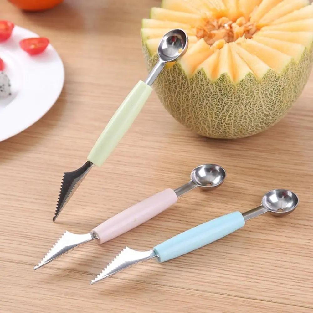 New Stainless Steel Dual-head Spoon Green Pink Blue 2 in 1 Ice Cream Baller Watermelon Scoop Kitchen Accessories