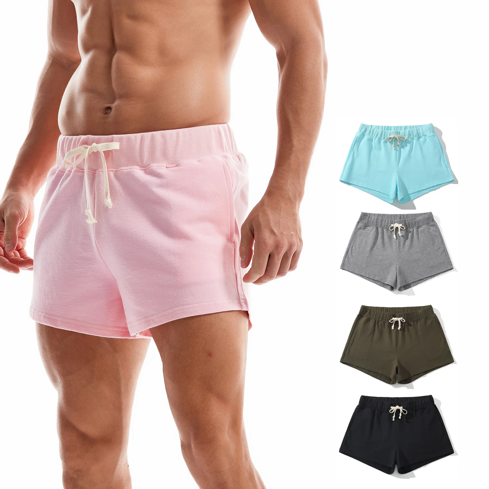 Summer Ultra Shorts Men Sport Fitness Gym Leisure Shorts Light Blue Cotton Lace-up Jogger Sweatshorts Breathable Casual Shorts