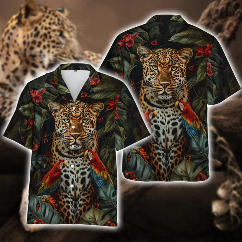 Hawaiian Tropic Jungle Leopard Graphic Blouses Wild Cat Animal Lapel Blouse Hip Hop Male Lapel Blouse Vacation Male Button Tops