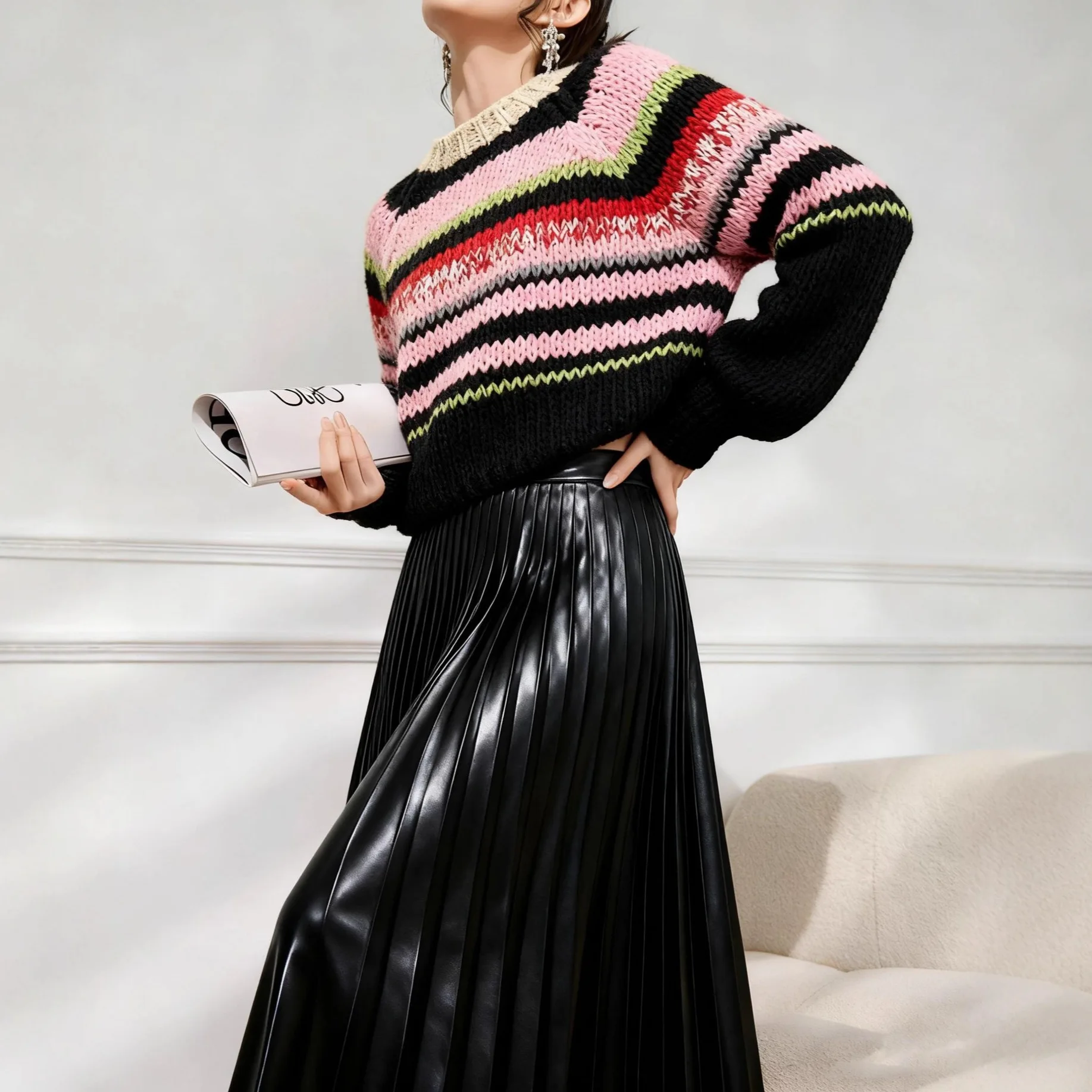 

Color Matching Thick Needle Striped Color Round Neck Pullover Long-sleeved Sweater Women's Sweater Jacket Bottoming Top Women