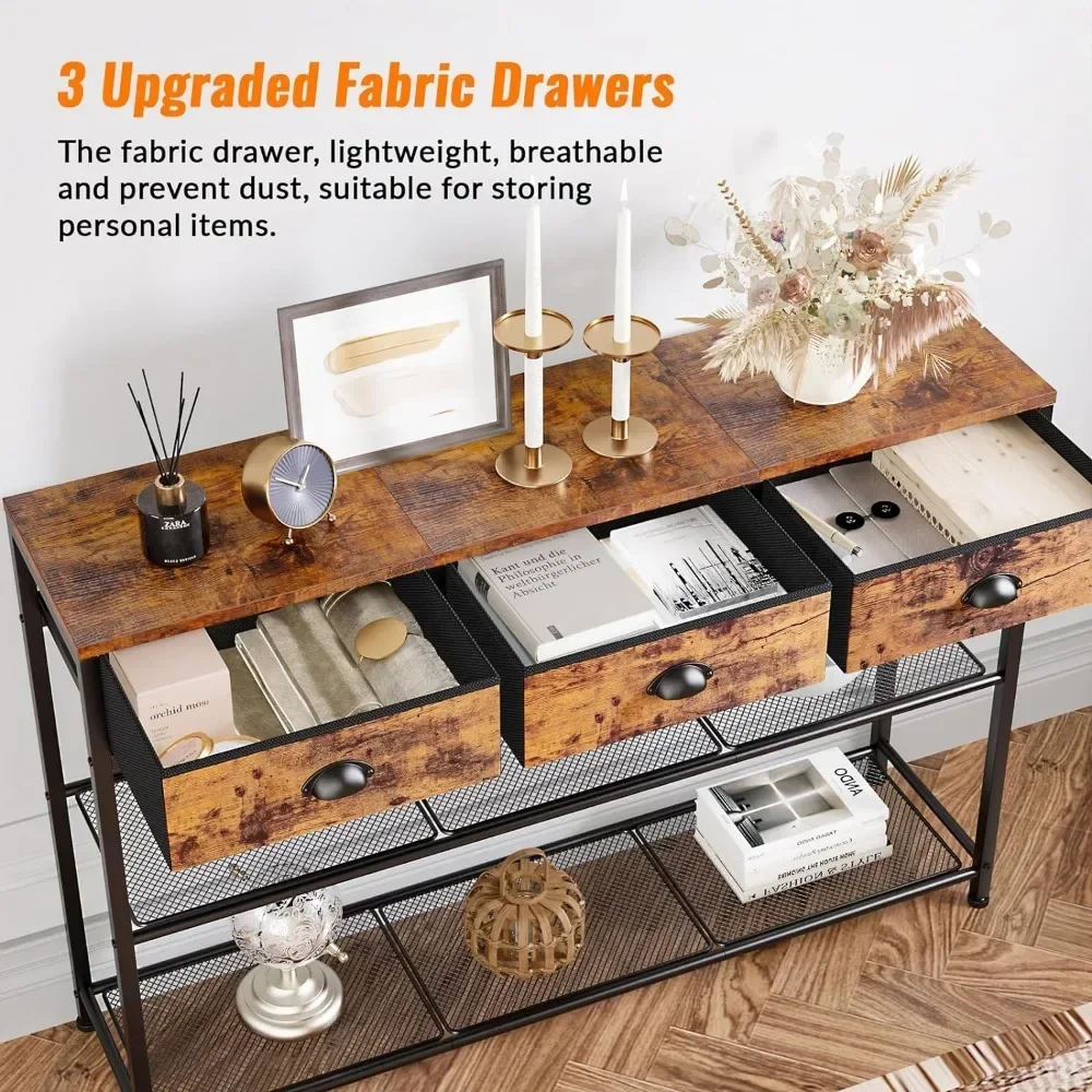 Entryway Table,38 Console Sofa Table with3Fabric Drawers,Industrial Entry Way Table with Storage Shelves, Display Shelf image 4