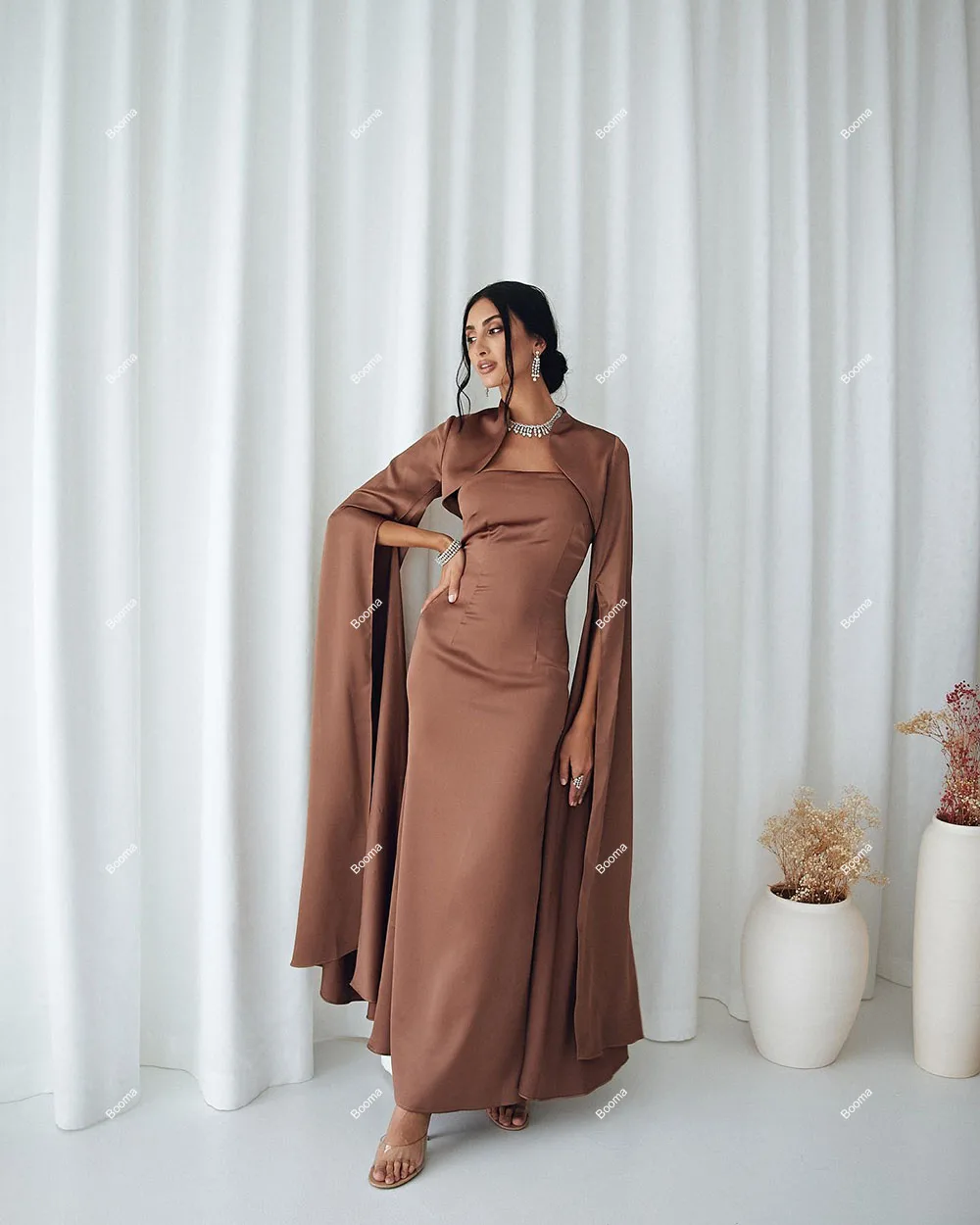 Booma Brown Elegant Simple Mermaid Evening Dresses Long Sleeves Cape Formal Occasion Dresses for Women Party Prom Gowns Dubai