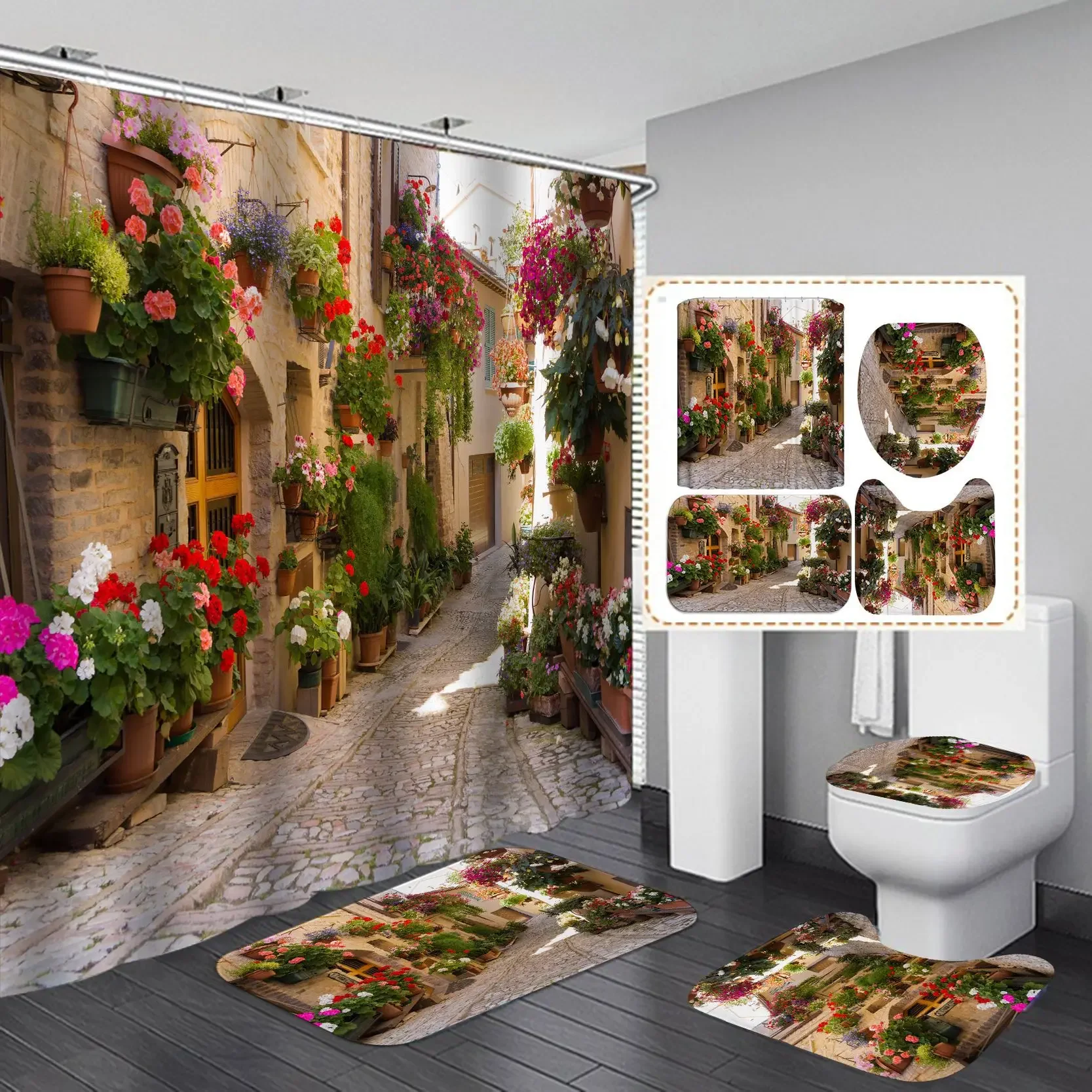 Christmas Shower Curtain Set Santa Snowman Reindeer Xmas Print Waterproof Bath Curtain 3/4pcs Bathroom Holiday Decor