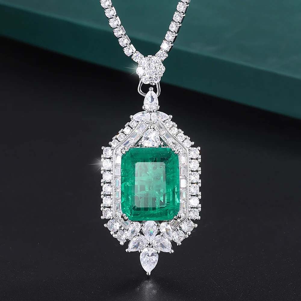 Vintage 15*20mm Emerald Paraiba Tourmaline Pendant Necklace All Match Tennis Chain for Women Lab Diamond Party Fine Jewelry Gift