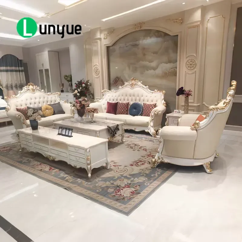 European Solid Wood Leather Sofa Set High End Luxury Living Room Villa Large Apartment Bright White Gold Foil Legs