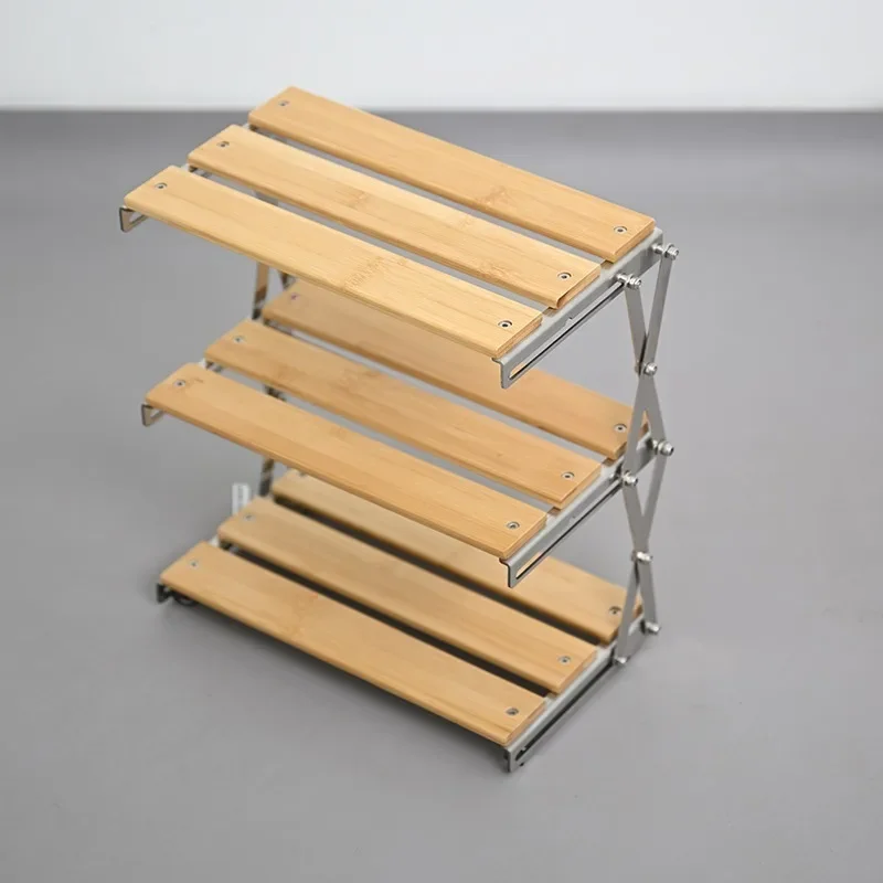 Primary color camping rack three-layer foldable, portable small table, bamboo frame