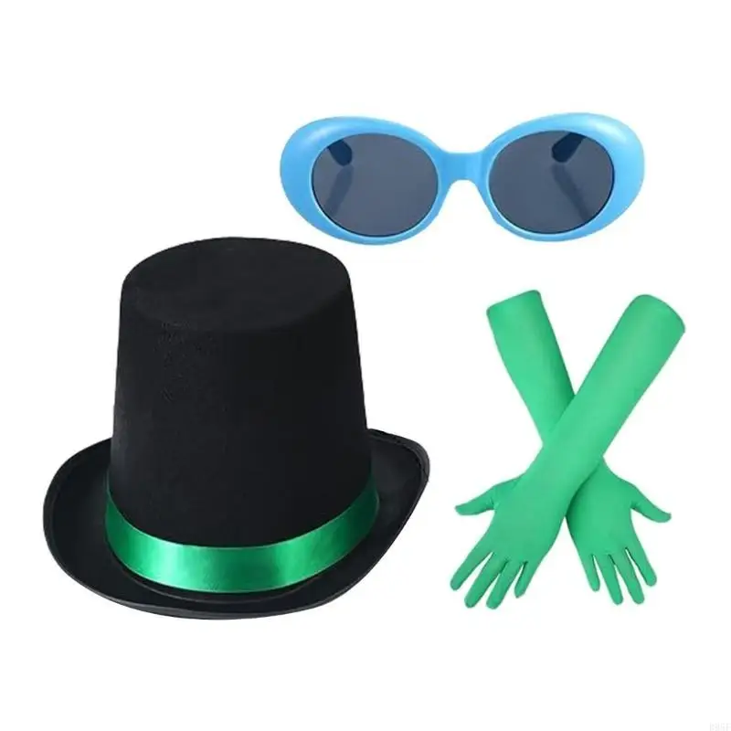 B95F 3 szt. Zielone akcesoria do kostiumów na Halloween postać z książki przebranie na karnawał cylinder okulary długie satynowe