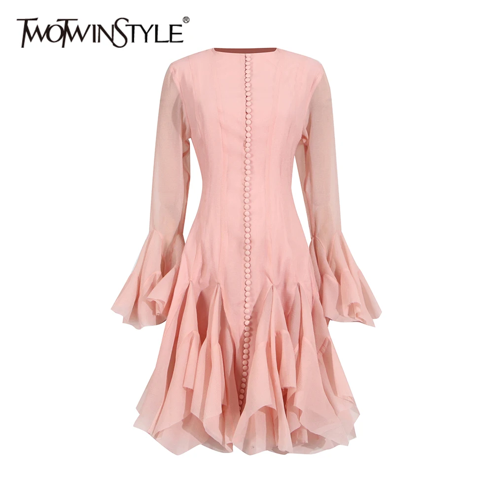 TWOTWINSTYLE Solid Long Dresses For Women Round Neck Flare Sleeve High Waist Slim A Line Spliced Ruffles Dress Female Fashion