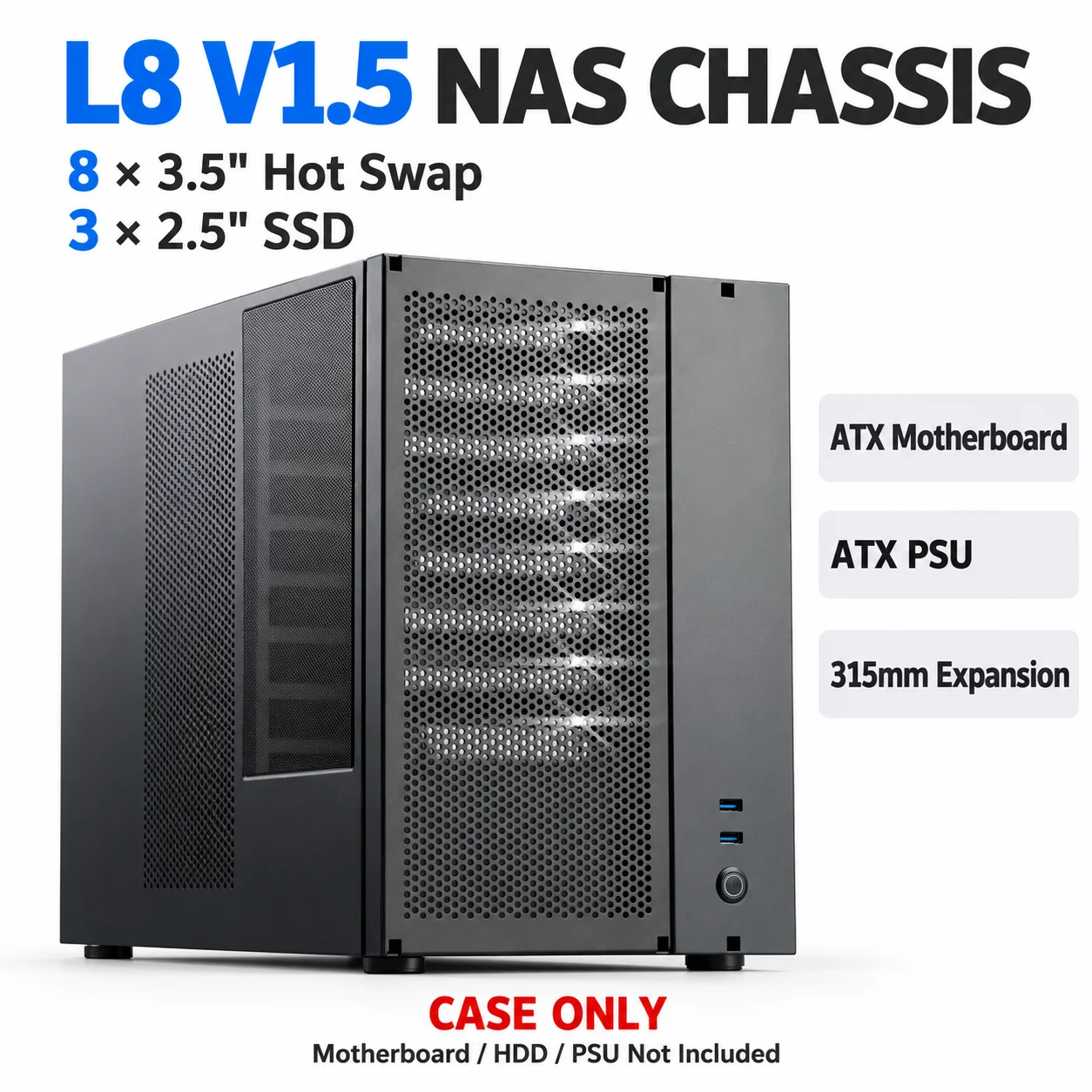 L8 V1.5 8 Bay NAS Case ATX Hot Swap Server Chassis 8x3.5 HDD 3x2.5 SSD 315mm GPU Home Storage PC Case