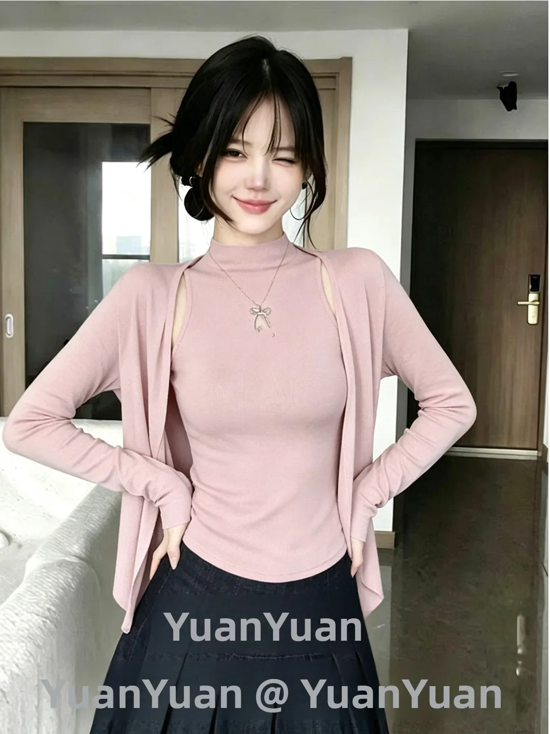 Spring Autumn 2026 Women's Slim Fit Sleeveless High Collar Vest Top Long Sleeve Open Cardigan Two Piece Set Casual Style Poly...