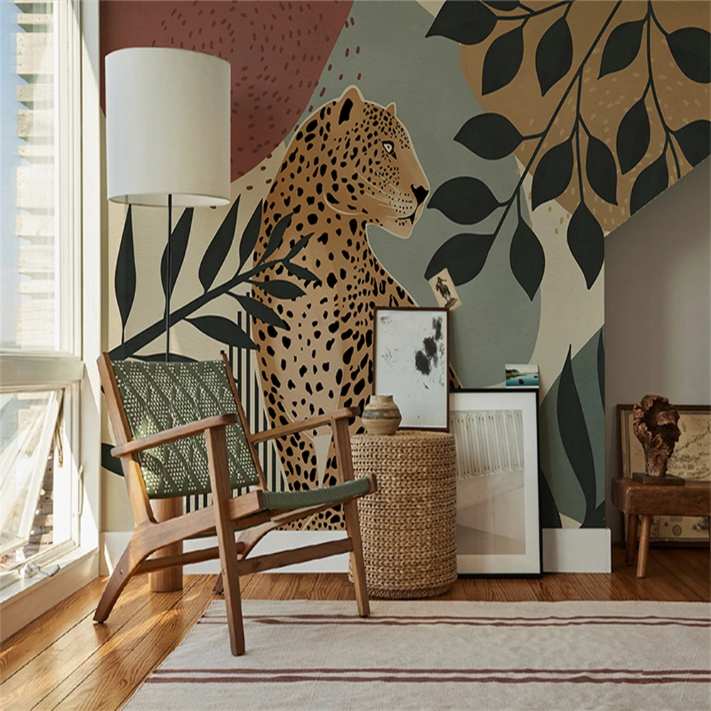 Custom 3d minimalist green plant leopar wallpaper mural new European retro modern wallpapers background Paper Papel De Parede 3D