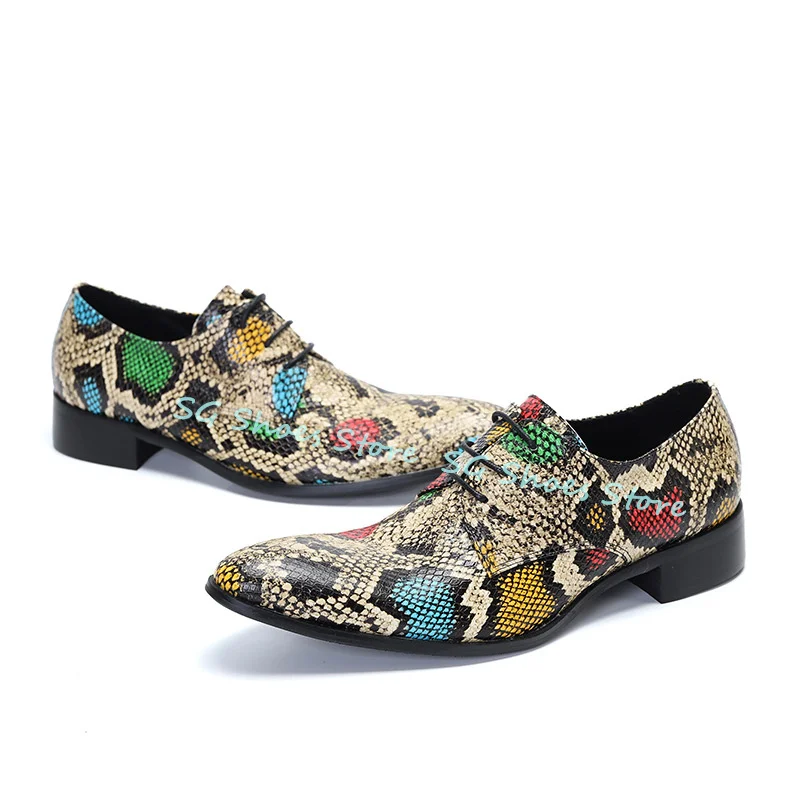 

Mixed Color Carving Brogue Shoes for Men British Style Snakeskin Patterns Prints Leather Shoes Male Chunky Heel Lace-Up Loafers