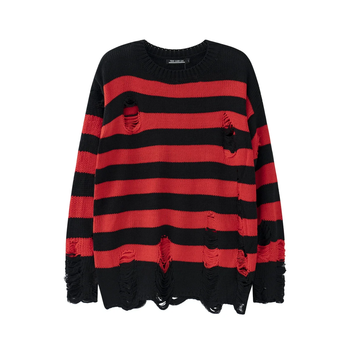 

High Street Retro Punk Red and Black Stripes Autumn Sweater Men Loose Ripped Hole Tassel Pullover Round Neck Casual Clothes