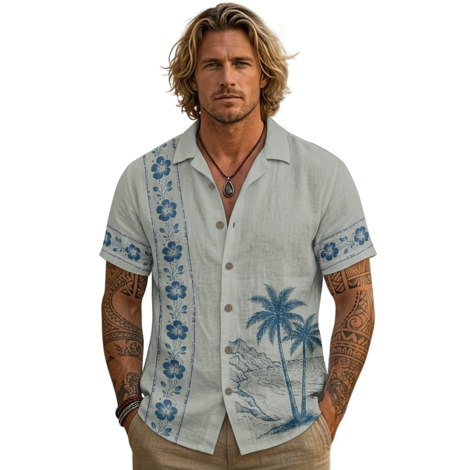 PENSTROLL Palm Leaf Print Single Breasted Button Down Collar Top for Men Linen Style Daily Wear Top Button Down Shirt